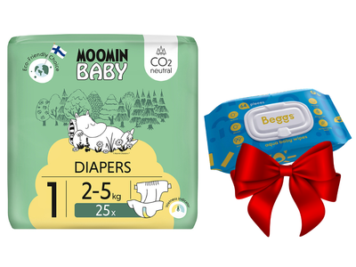 Moomin Baby 1 Newborn 2–5 kg (25 szt), eko pieluszki + CHUSTECZKI BEGGS GRATIS!