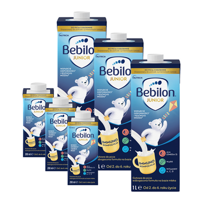 Bebilon JUNIOR gotowa do picia wzbogacona formuła na bazie mleka od 2. do 6. ZESTAW 3 x 200 ml + 3 x 1L