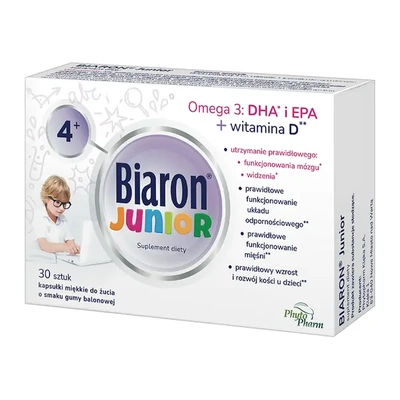 Biaron Junior Witamina D 1000 j.m. do żucia guma balonowa 30 kapsułek + Biaron C EXTRA krople GRATIS!