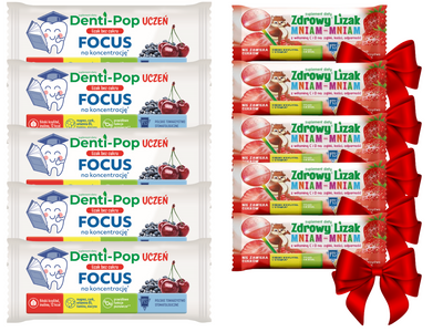 Denti-Pop uczeń lizak BEZ CUKRU na koncentrację WIŚNIA & JAGODA 5 sztuk + GRATIS!
