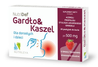 Nutrileya NutriDef Gardło&Kaszel dla dzieci i dorosłych smak truskawkowy 20 tabletek do ssania