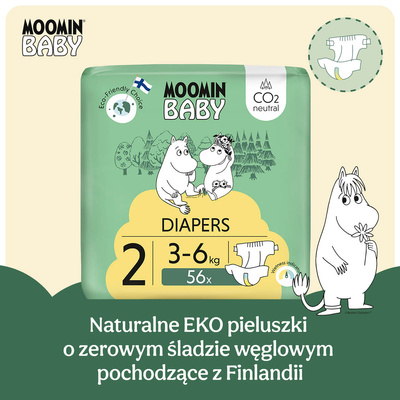 Moomin Baby 2 Newborn 3–6 kg (56 szt), eko pieluszki + CHUSTECZKI BEGGS GRATIS!