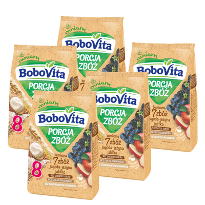 BoboVita Porcja Zbóż Kaszka bezmleczna 7 zbóż jagoda-jeżyna-jabłko po 8. miesiącu życia 5x170g