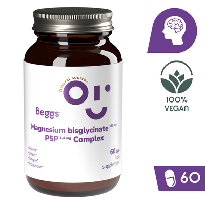 Beggs Magnesium bisglycinate 380 mg + P5P COMPLEX 1,4 mg suplement magnez witamina B6 2 x 60 kapsułek + TORBA GRATIS