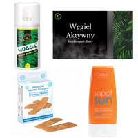 ZESTAW PODRÓŻNY NA LATO: spf, spray na komary, węgiel aktywny i plastry 4 sztuki