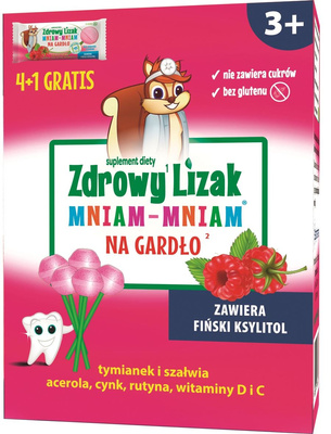 Zdrowy lizak dla dzieci mniam mniam NA GARDŁO smak malinowy KULKA 5 sztuk