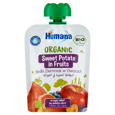 Humana Organic Mus słodki ziemniak w owocach po 6. miesiącu ZESTAW 6 x 90 g + ŁYŻECZKA DO MUSÓW GRATIS!