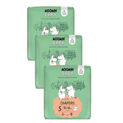 Moomin Baby 5 Maxi 10–16 kg (120 szt), miesięczne opakowanie eko pieluszek