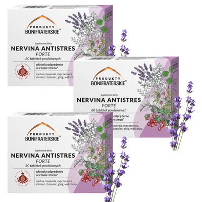Produkty Bonifraterskie Nervina Antistres Forte głóg melisa lawenda ZESTAW NA 3 MIESIĄCE 180 tabletek