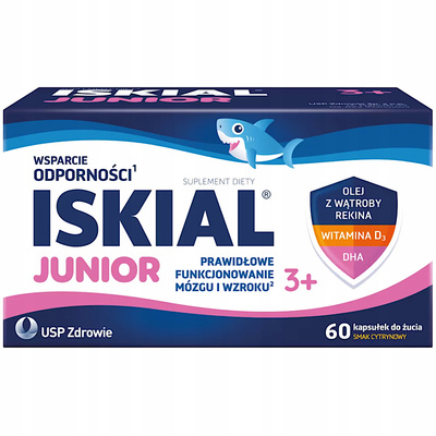 Iskial Junior tran dla dzieci smak cytrynowy żujki WITAMINA D3 DHA 60 kapsułek