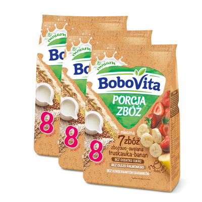 BoboVita Porcja zbóż Kaszka mleczna 7 zbóż zbożowo-owsiana truskawka-banan po 8 miesiącu ZESTAW 3 x 210 g