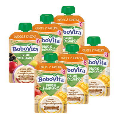 BoboVita Drugie Śniadanko Owoce z kaszką RÓŻNE SMAKI po 6 miesiącu ZESTAW 6 x 100 g