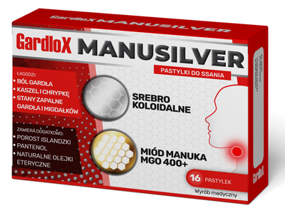 Gardlox Manusilver pastylki do ssania 16 sztuk srebro koloidalne, miód manuka