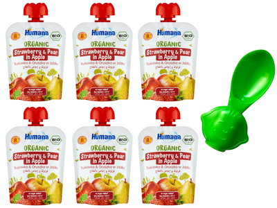 Humana Organic Mus truskawka & gruszka w jabłku po 8. miesiącu ZESTAW 6 x 90 g + ŁYŻECZKA DO MUSÓW GRATIS!