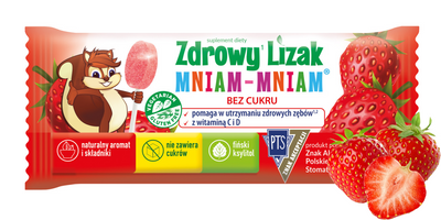 Zdrowy lizak dla dzieci mniam mniam z witaminami smak truskawkowy 1 sztuka