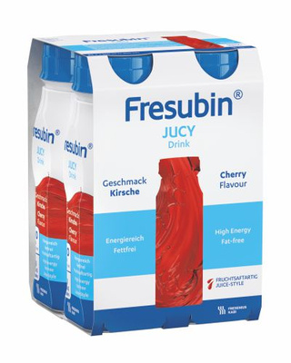 Fresubin Jucy Drink, smak wiśniowy, 4 x 200 ml.  Żywność specjalnego przeznaczenia medycznego. Zaburzenia wchłaniania tłuszczu