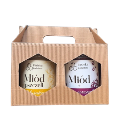 Pasieka Rodzinna zestaw prezentowy miód wielokwiatowy i czarna porzeczka z rączką 2 x 410 g