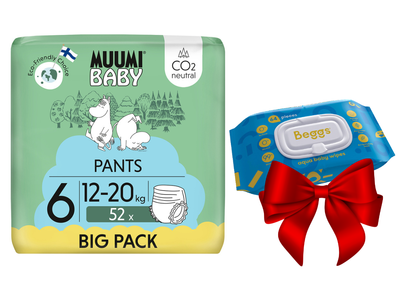 Muumi Baby Pants 6 Junior 12-20 kg (52 szt), eko pieluchomajtki + CHUSTECZKI BEGGS GRATIS!