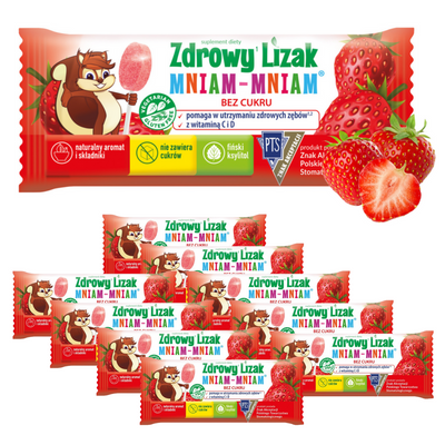 Zdrowy lizak dla dzieci mniam mniam z witaminami smak truskawkowy ZESTAW 10 sztuk