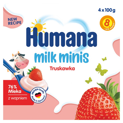 Humana Milk Minis Deserek jogurtowy o smaku truskawkowym po 8. miesiącu 400 g (4 x 100 g)