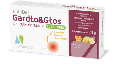 Nutrileya NutriDef Gardło&Głos na chrypę i gardło smak miodu i cytryny bez cukru 20 tabletek do ssania