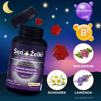 Sen Żelki melatonina z walerianą SPOKOJNY SEN SZYBKIE USYPIANIE 60 sztuk
