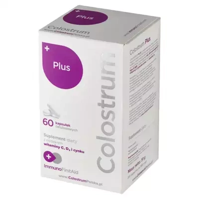 Colostrum PLUS 40% IgG Wit. C, D i Cynk ImmunoFirstAid regeneracja odporność 500mg 60 kapsułek