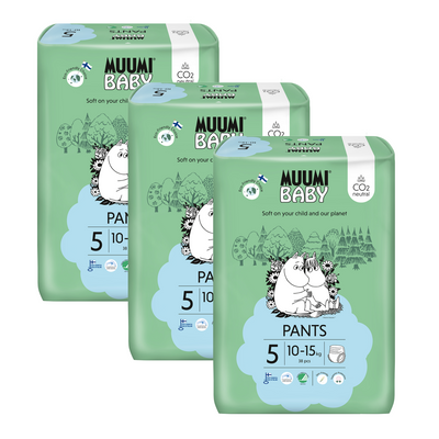 Muumi Baby Pants 5 Maxi+ 10-15 kg (114 szt), miesięczne opakowanie eko pieluchomajtek