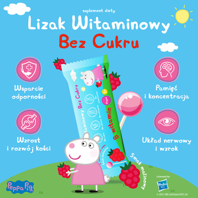 Lizaki witaminowe Świnka Peppa BEZ CUKRU smak malinowy 1 sztuka