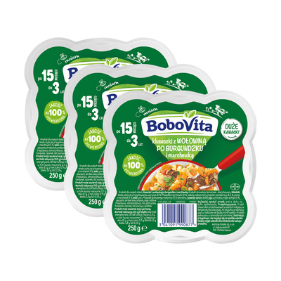 BoboVita Kluseczki z wołowiną po burgundzku i marchewką po 15 miesiącu ZESTAW 3 x 250 g