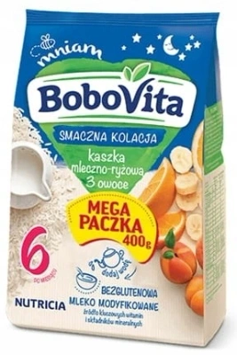 BoboVita Smaczna Kolacja Kaszka mleczno-ryżowa 3 owoce po 6. miesiącu 400 g
