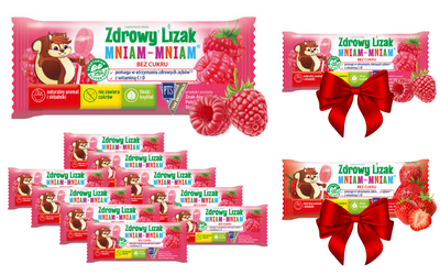 Zdrowy lizak dla dzieci mniam mniam z witaminami smak malinowy ZESTAW ŁEZKA 10 sztuk + 2 LIZAKI GRATIS!