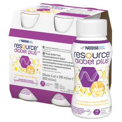 Nestlé Resource Diabet Plus Preparat odżywczy w płynie smak waniliowy 800 ml (4 x 200 ml)