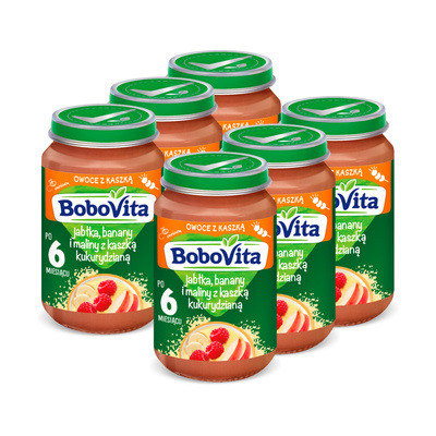 BoboVita Jabłka,banany i maliny z kleikiem kukurydzianym po 6. miesiącu ZESTAW 6x190g