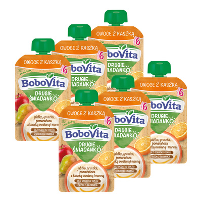 BoboVita Drugie Śniadanko Owoce z kaszką jabłko gruszka pomarańcza po 6 miesiącu ZESTAW 6 x 100 g