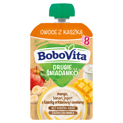BoboVita Drugie Śniadanko Owoce z kaszką mango banan jogurt po 8 miesiącu ZESTAW 6 x 100 g