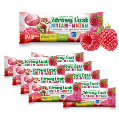 Zdrowy lizak dla dzieci mniam mniam z witaminami smak malinowy ZESTAW KULKA 10 sztuk