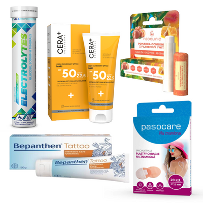 Pełna ochrona przed słońcem ZESTAW kremy SPF, plastry na znamiona, elektrolity i pomadka z ochroną UV