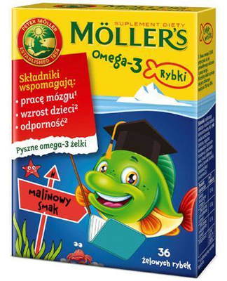 Moller's Omega-3 Rybki różne smaki żelki odporność tran odporność 4x36 sztuk + PIÓRNIK GRATIS!