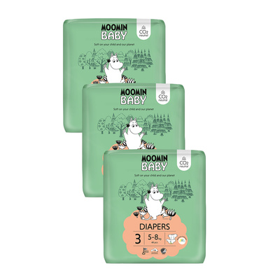 Moomin Baby 3 Midi 5–8 kg (144  szt), miesięczne opakowanie eko pieluszek