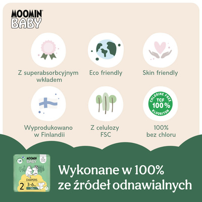 Moomin Baby 2 Newborn 3–6 kg (56 szt), eko pieluszki + CHUSTECZKI BEGGS GRATIS!