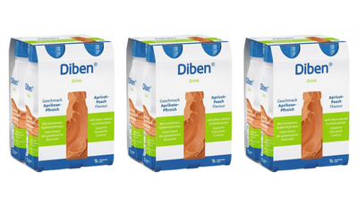Diben Drink, smak morela - brzoskwinia, ZESTAW 12 x 200 ml. Żywność specjalnego przeznaczenia medycznego. Pacjent z cukrzycą, insulinoopornością.