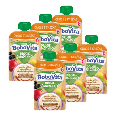 BoboVita Drugie Śniadanko Owoce z kaszką gruszka jabłko suszona śliwka po 6 miesiącu ZESTAW 6 x 100 g