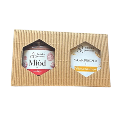 Pasieka Rodzinna zestaw prezentowy miód malinowy 240 g + świeca z wosku pszczelego pomarańczowa 120 ml