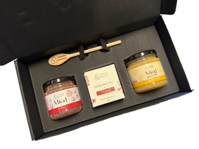 Pasieka Rodzinna ekskluzywny zestaw prezentowych miód malina i wielokwiatowy 240 g+ świeczka piernik + łyżeczka