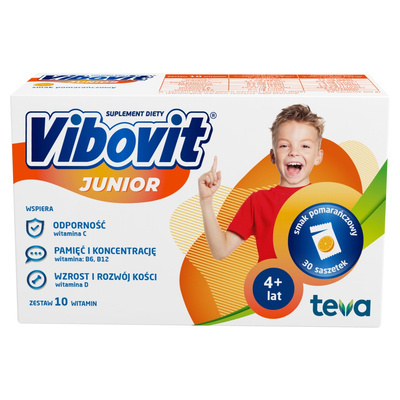 Vibovit Junior, dla dzieci w wieku od 4 do 12 lat smak pomarańczowy 30 saszetek
