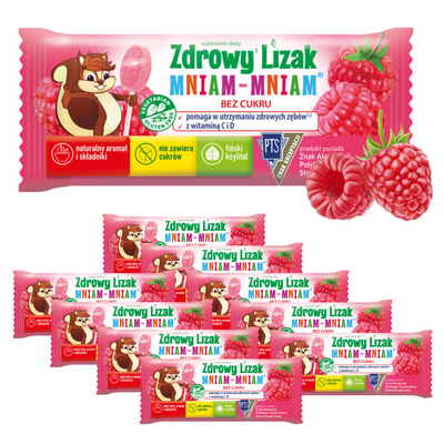 Zdrowy lizak dla dzieci mniam mniam z witaminami smak malinowy ZESTAW 10 sztuk + 2 LIZAKI GRATIS!