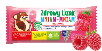 Zdrowy lizak dla dzieci mniam mniam z witaminami smak malinowy 1 sztuka