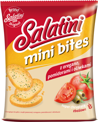 Salatini mini bites chrupiące grzanki z mąki pszennej oregano, pomidor i oliwki 45 g krótka data