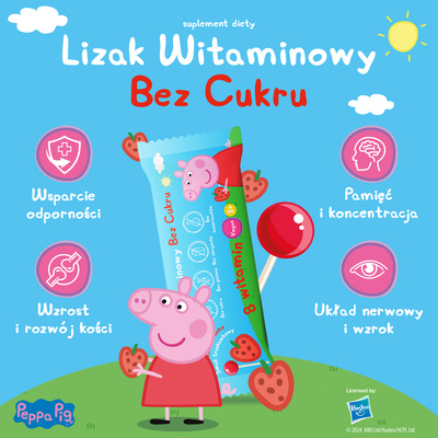 Lizaki witaminowe Świnka Peppa BEZ CUKRU smak truskawkowy 1 sztuka
